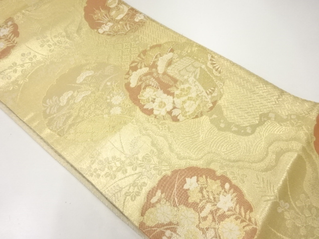 佐賀錦雪輪に御所車・鴛鴦模様織出し袋帯